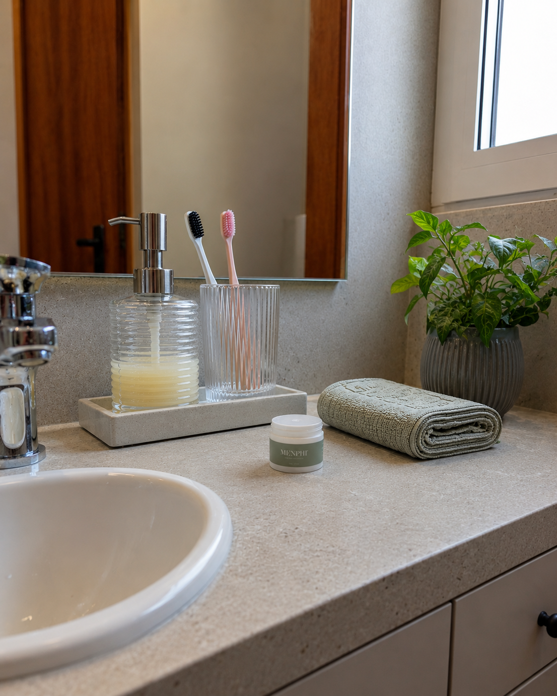 Menphi jar on a bright bathroom sink